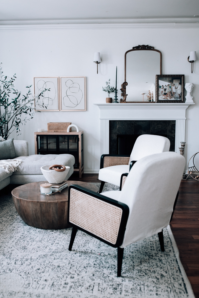 round wood drum coffee table in living room.