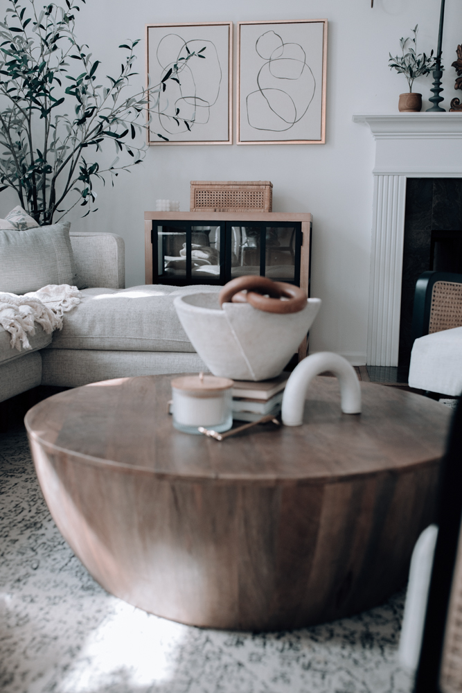 drum wood coffee table for a modern living room. 