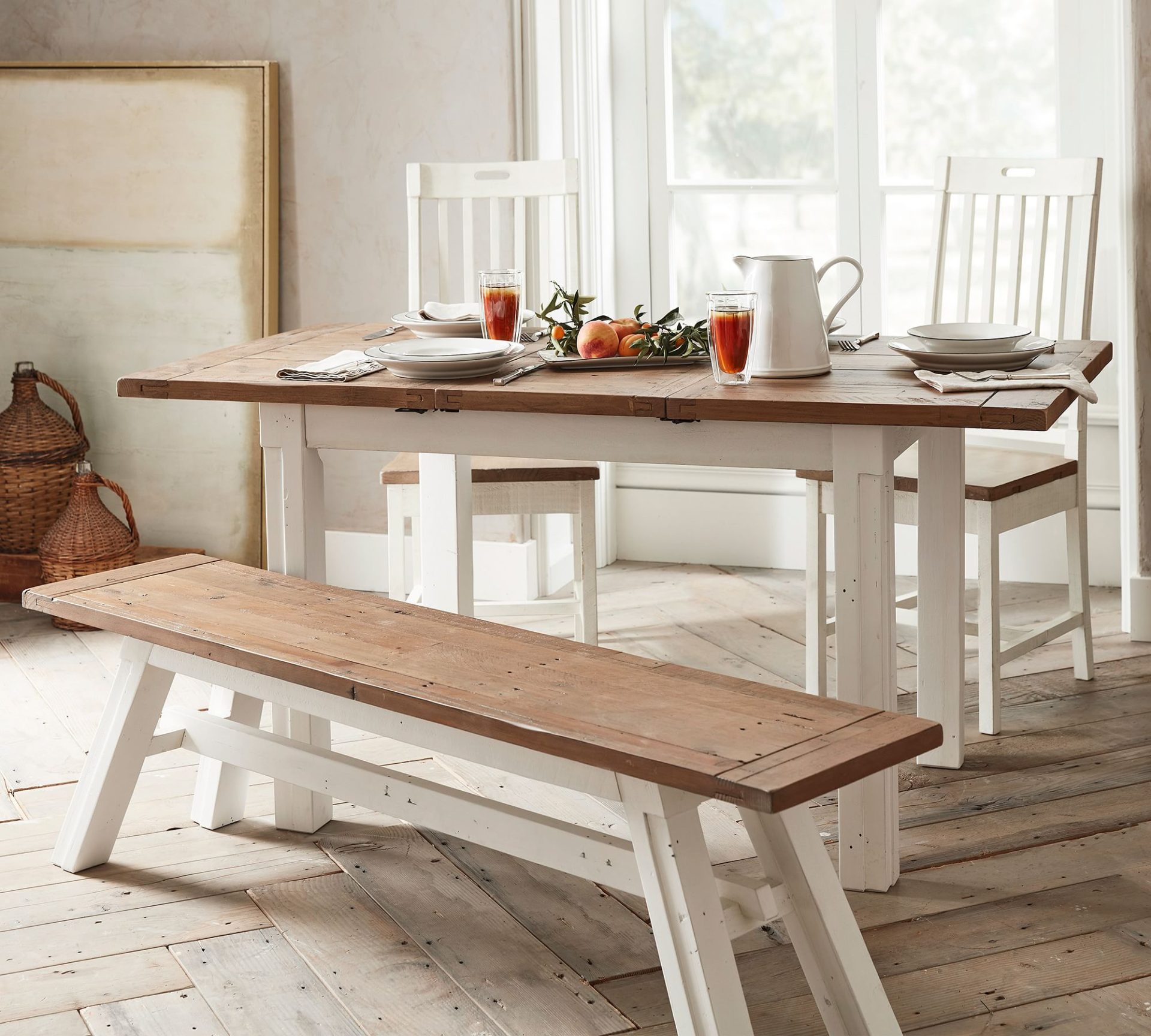wood extendable farmhouse dining table with a bench and 2 chairs. 