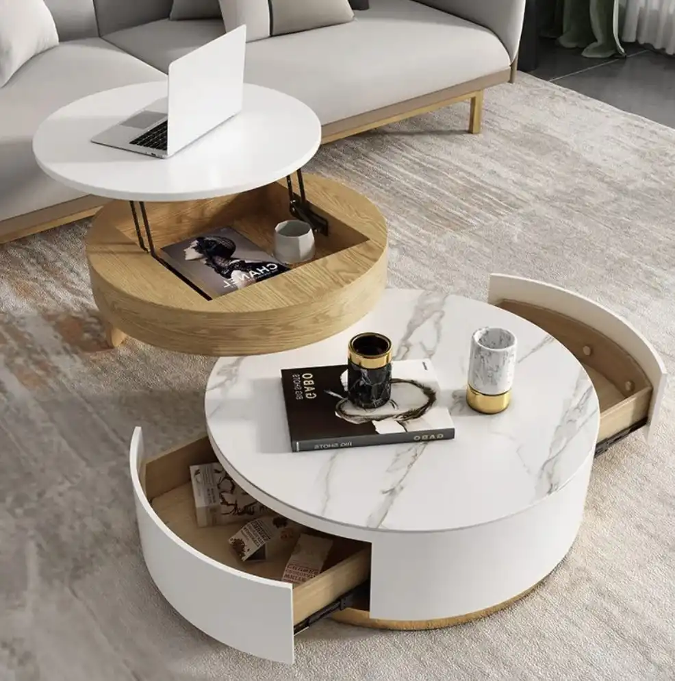 Modern Round Coffee Table with Storage Lift-Top Wood