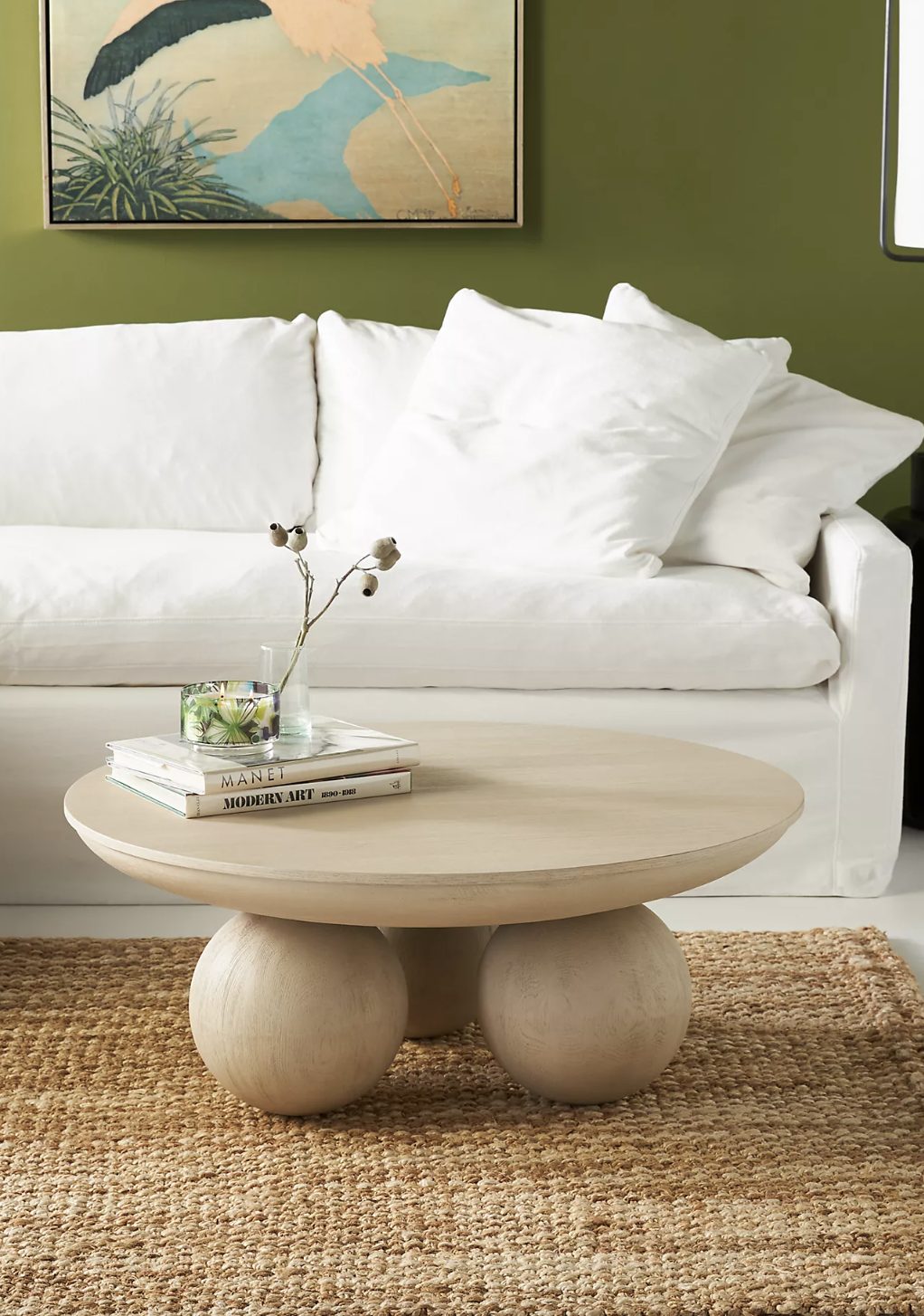round coffee table with 3 circle legs. 