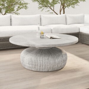 round coffee table with etched lines.