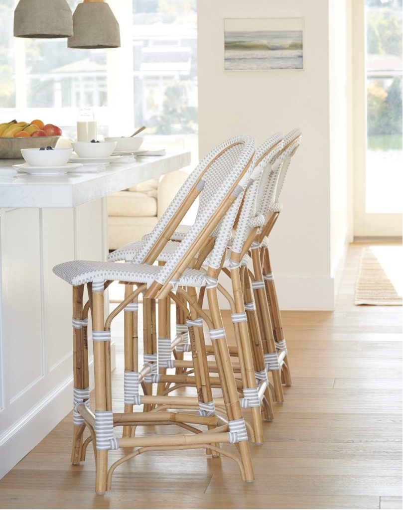 serena and lily rattan bar stools and counter stools. in blue and white. 