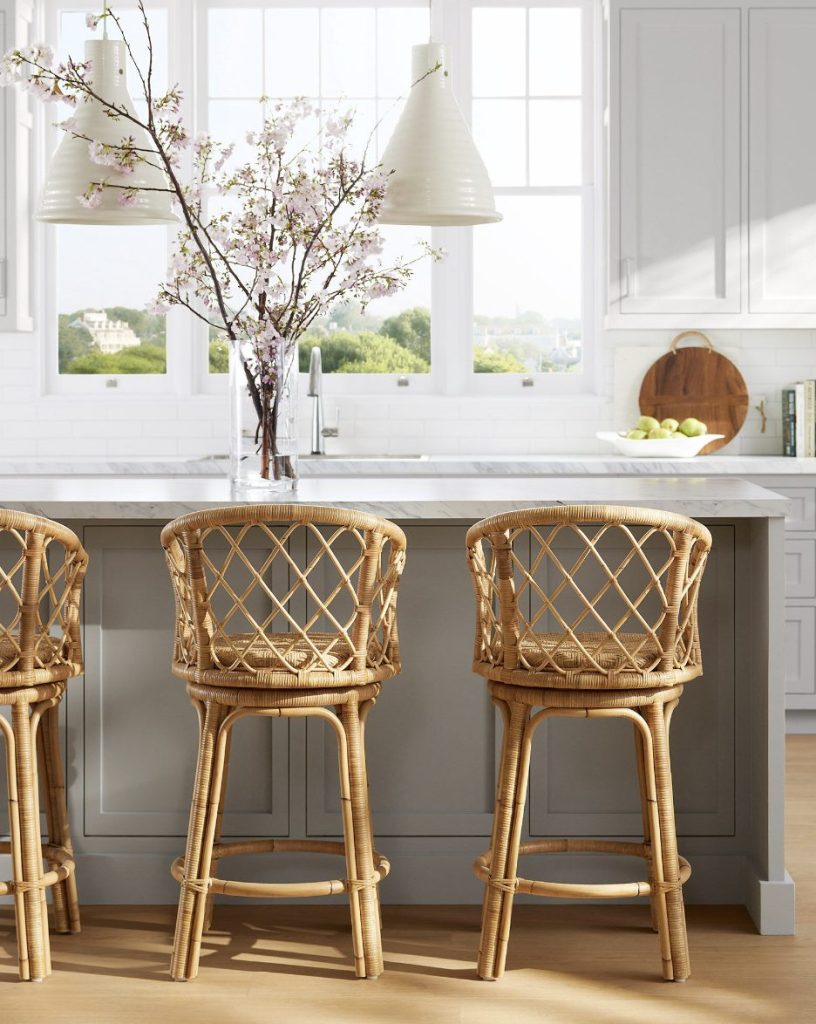 rattan swivel bar stools at kichen island. 