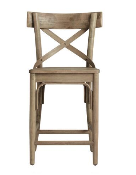 distressed wood counter stool with back.