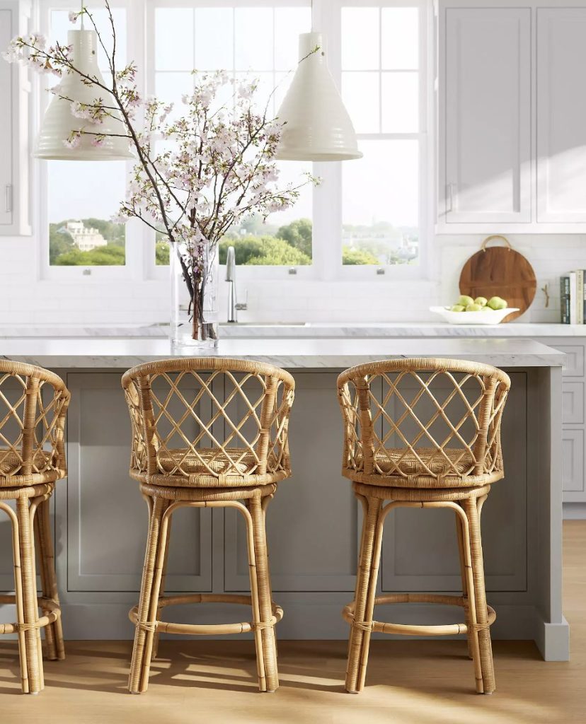 Rattan swivel counter top height stools