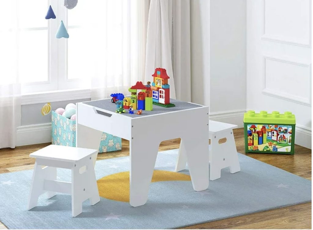 white lego table with storage