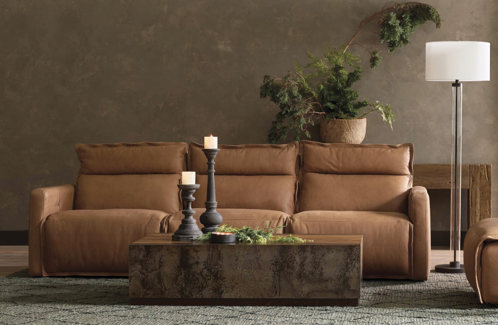 brown leather reclining sofa.