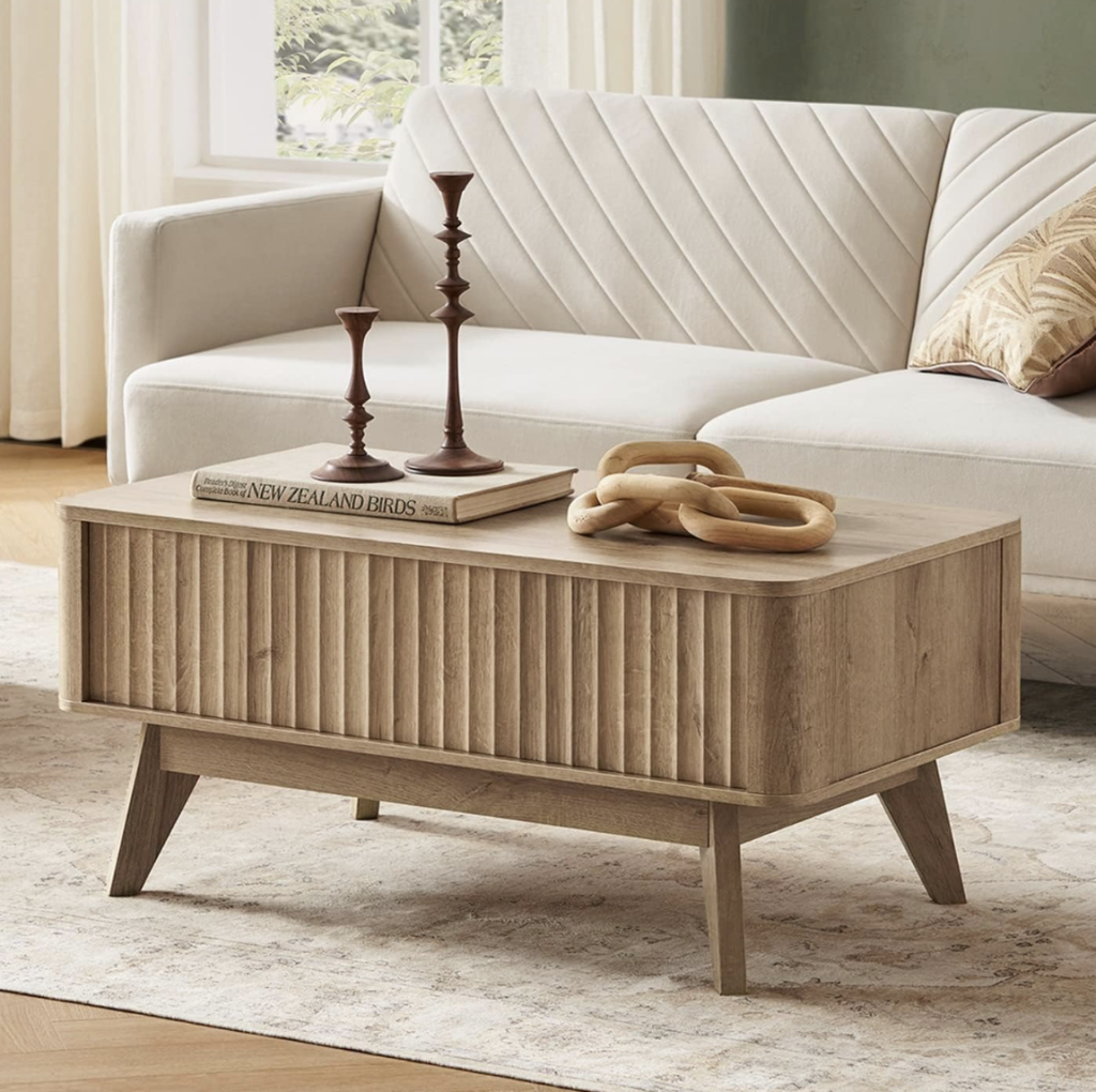 rectangular wood coffee table with lift-up storage. 