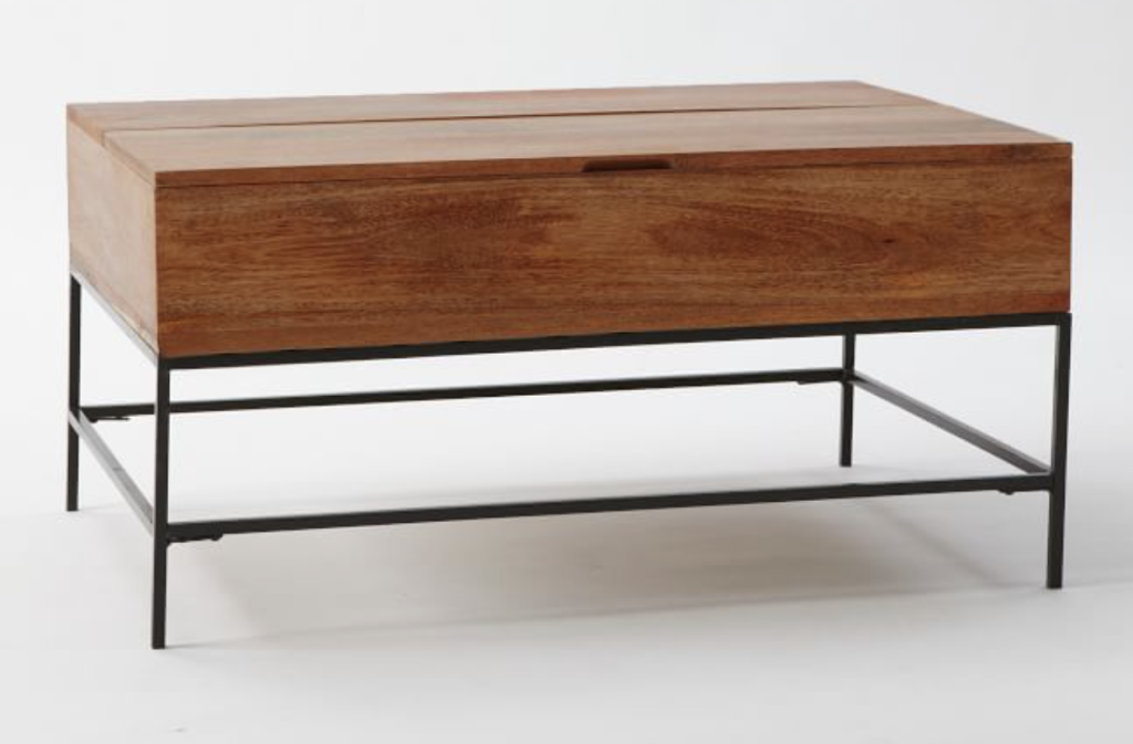 wood and metal frame coffee table with hidden storage. 