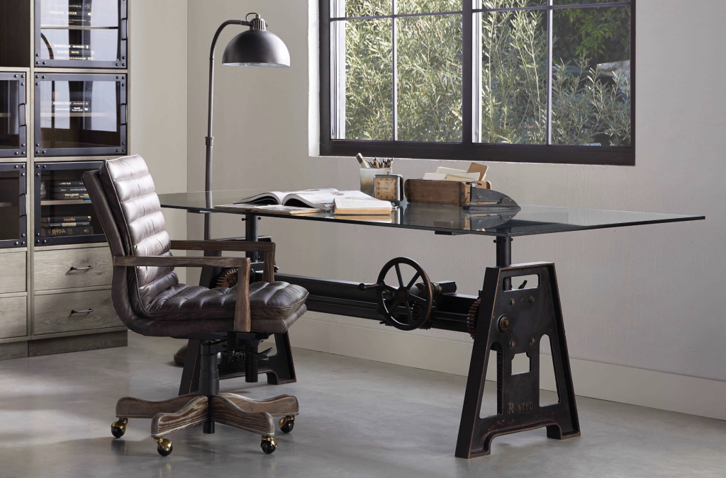 old fashioned leather desk chair with swivel rolling legs. 