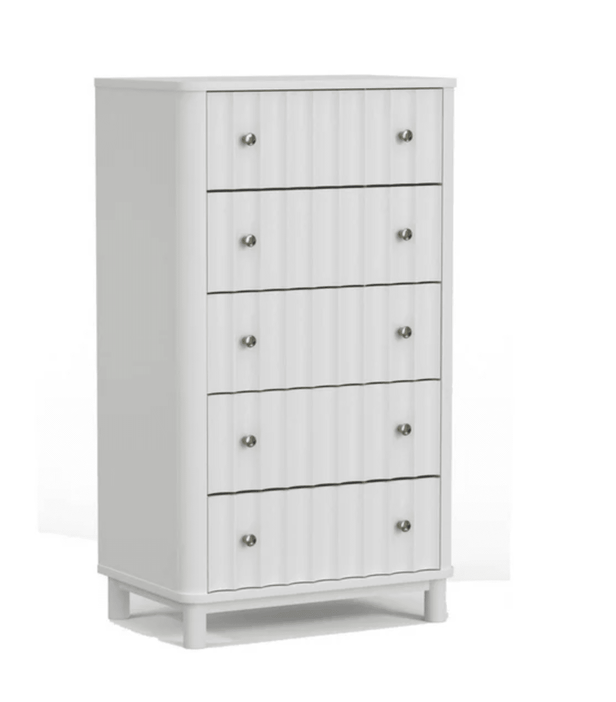 white scalloped dresser with 5 drawers and silver knobs. 