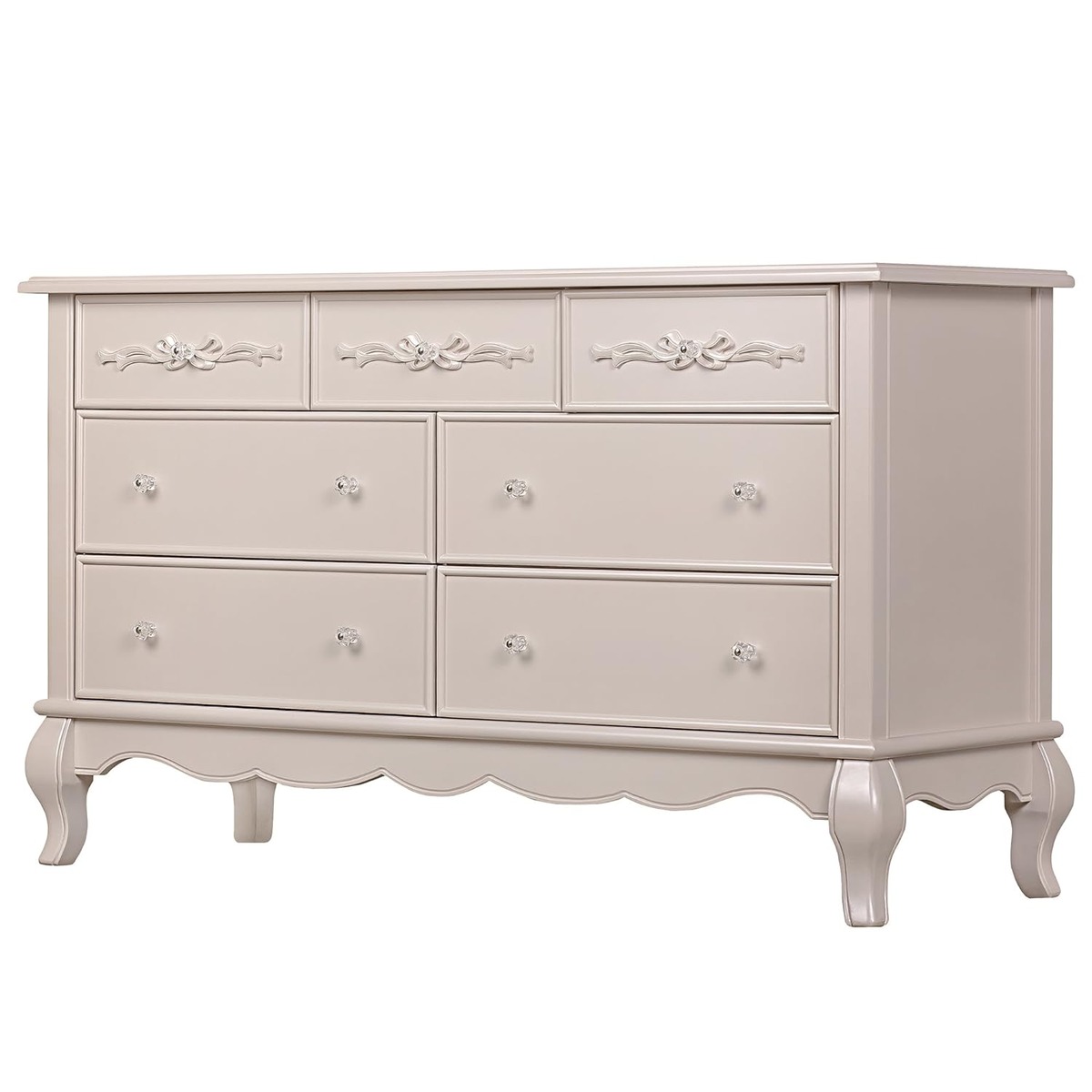 white scalloped dresser with bow details. 