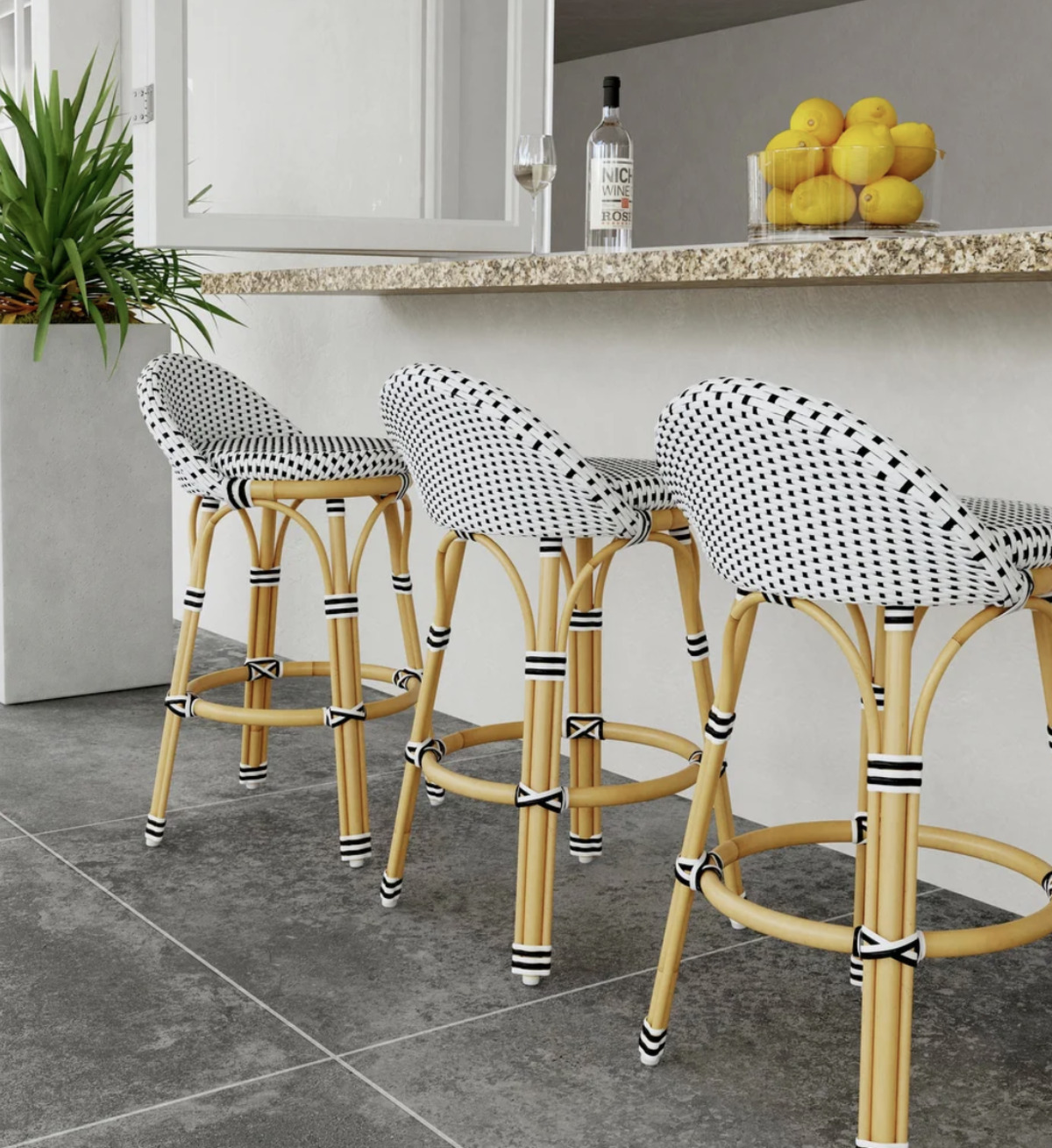 blue and white bistro counter stools with decorative lemons. 