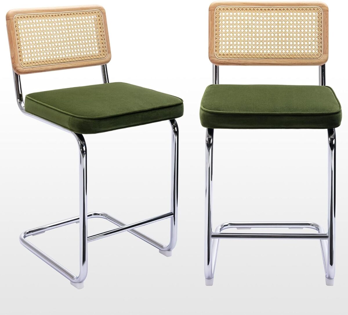 a pair of 2 modern bar stools with a rattan back and silver legs. 