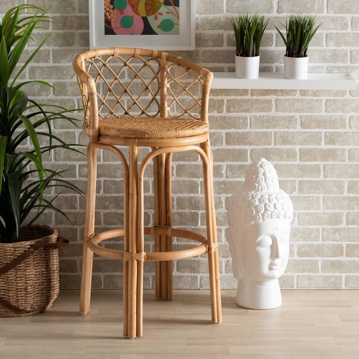 a modern rattan frame bar stool with decorative home items. 