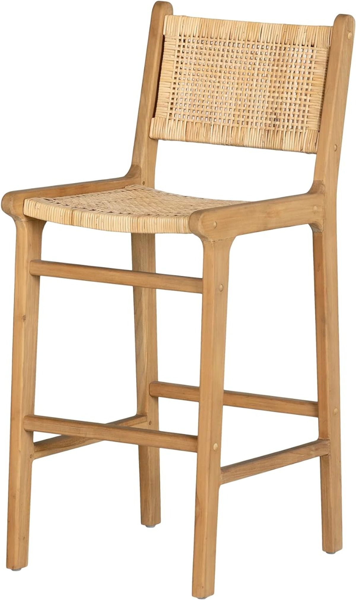 a teak rattan bar stool in natural wood. 